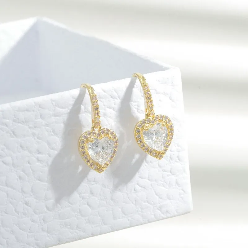 Sterling Silver Needle Heart-Shaped Zircon Stud Earrings Gold-Plated Japanese and Korean Style Net Red Same Style Earrings