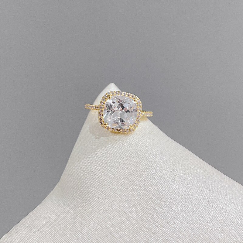 Korean Style Fashion Micro Inlaid Zircon Super Flash Ring Ins Design Square Diamond Cold Wind Open Ring Female