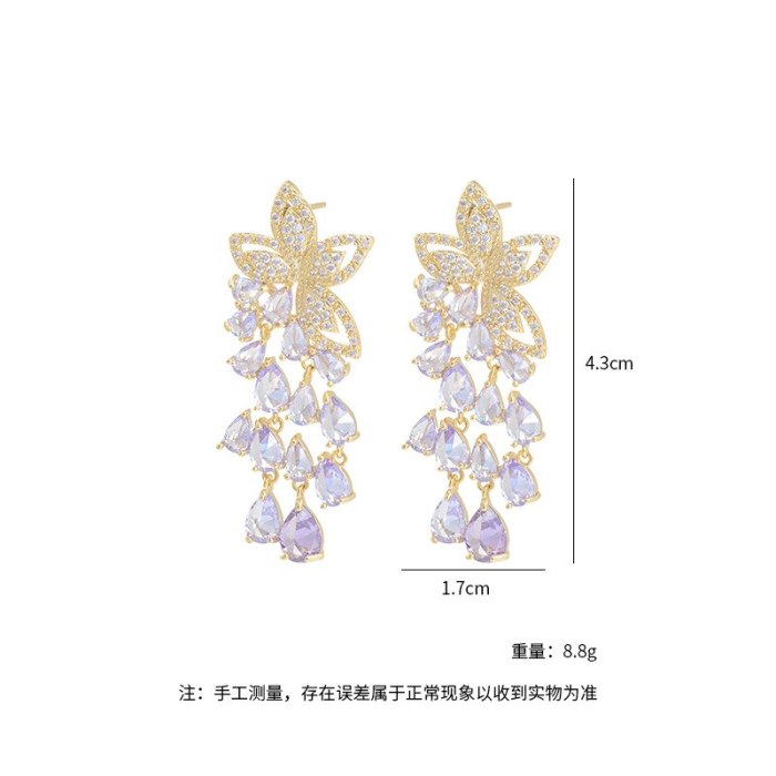 Heavy Industry Micro-Inlaid Color Zircon S95 Silver Needle Long Tassel Design Ear Studs All-Match Fairy Elegant Earrings