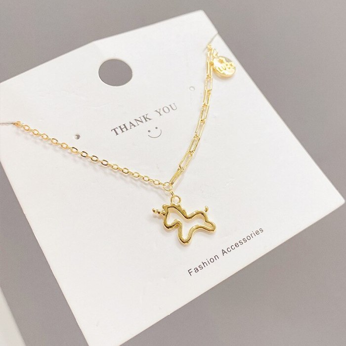New Korean 14K Gold Design Slightly Inlaid Zircon Female Unicorn Refined and Simple Ins Necklace Clavicle Chain