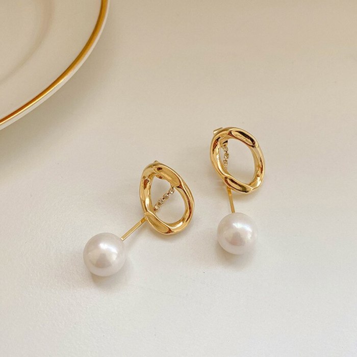 Sterling Silver Needle Stylish and Simple Personality Earrings Rhinestone Pearl Geometric Earrings Temperament Design Earrings