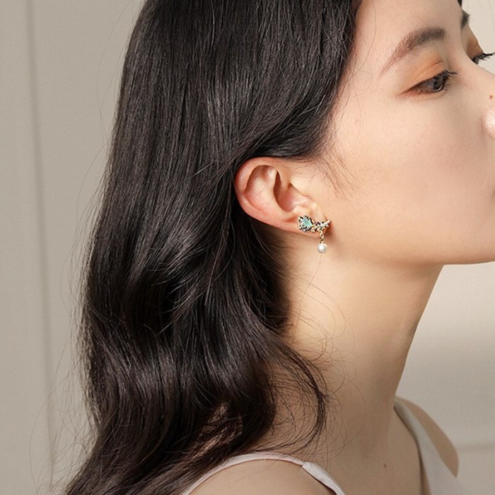 Korean Sterling Silver Needle Zircon Leaf Tassel Ins Style Stud Earrings Micro-Inlaid Colorful Zircon Earrings Earrings