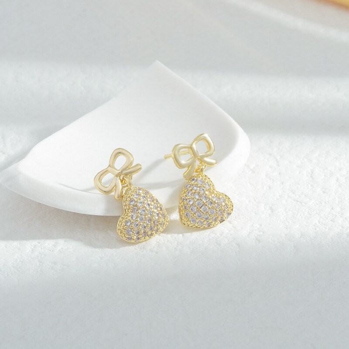 New Zircon Peach Heart Bow Stud Earrings Women's Sterling Silver Needle High-Grade Earrings Small Fashion Ear Jewelry