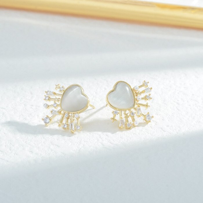 Sweet Girl Cute Opal Love Heart Earrings Korean Fashion Super Fairy All-Match Earrings Sterling Silver Needle Stud Earrings
