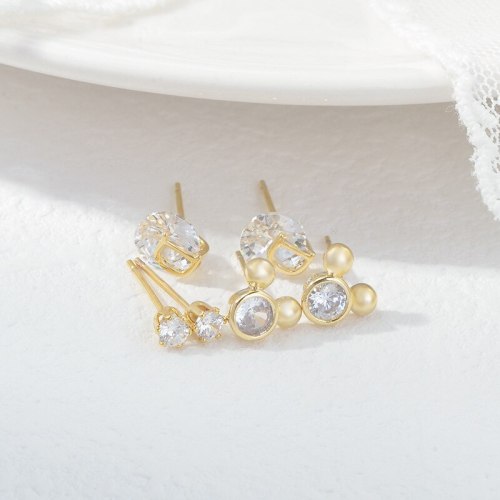 Fashion Sterling Silver Needle Small Ear Studs One Card Three Pairs Set Combination Zircon Anti-Allergy Earrings