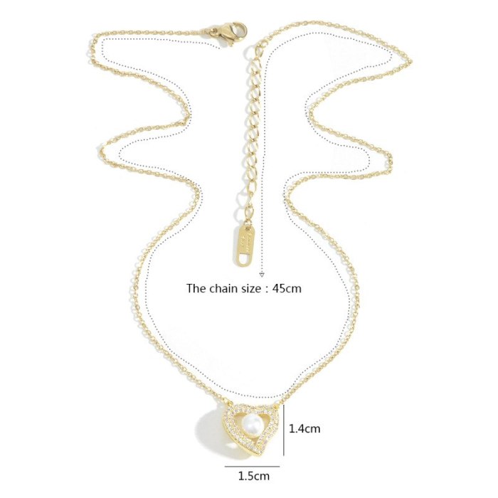 Korean Fashion Micro Inlaid Zircon Peach Heart Pearl Necklace Women's Exquisite Light Luxury Design Sense Clavicle Chain Jewelry