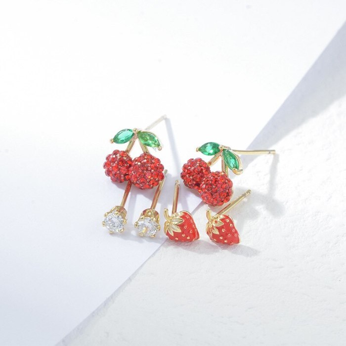 Sterling Silver Needle Fashion Girl Three Piece Set Combination Ear Studs One Card Three Pairs Cherry Simple Ear Jewelry