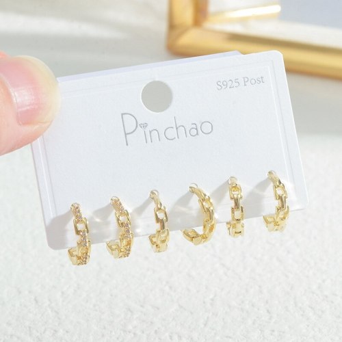 Sterling Silver Needle Micro Inlaid Zircon Chain One Card Three Pairs Set Stud Earrings Female Korean Style Earrings