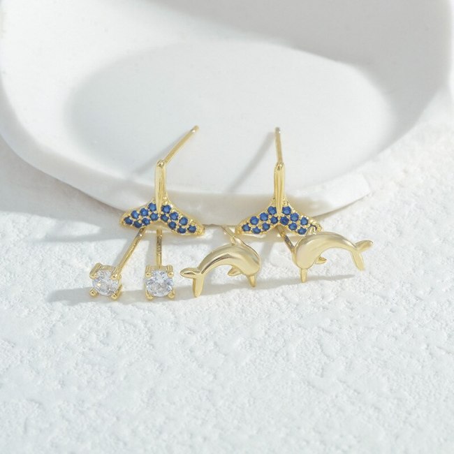 Three-Piece Set Combination Sterling Silver Needle Stud Earrings Female One Card Three Pairs Zircon Dolphin Tail Earring