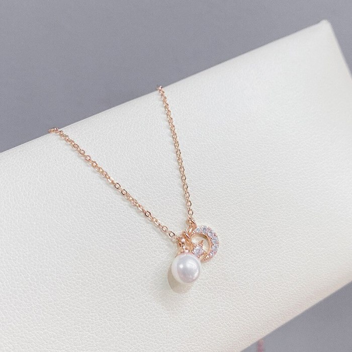 Korean Style Fashion New Zircon Moon Five-Pointed Star Necklace Female Clavicle Chain Temperament Wild Pearl Necklace