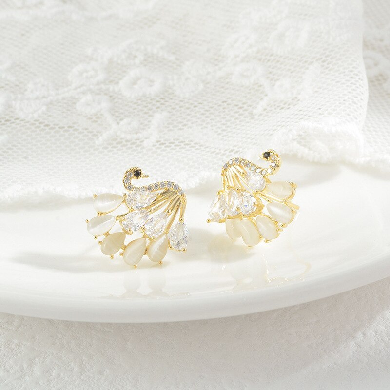 New Opal Earrings Women's Simple Fashion Temperament Sterling Silver Needle Stud Earrings Personalized Swan Earrings