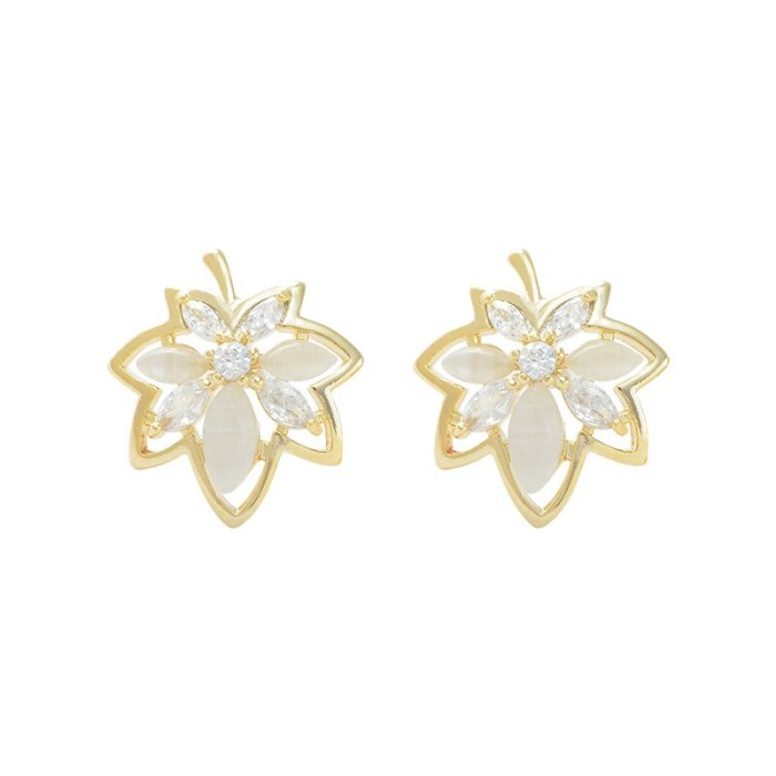 Leaf Zircon Stud Earrings for Women Sterling Silver Needle Small and Simple All-Match Earrings Temperament Opal Earrings