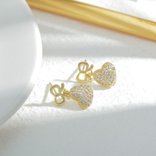 New Zircon Peach Heart Bow Stud Earrings Women's Sterling Silver Needle High-Grade Earrings Small Fashion Ear Jewelry