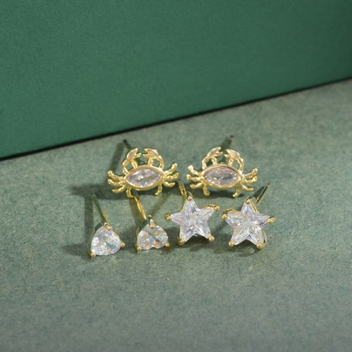 Sterling Silver Needle Fashion Girl Three Piece Set Combination Ear Studs One Card Three Pairs Five-Pointed Star Earrings
