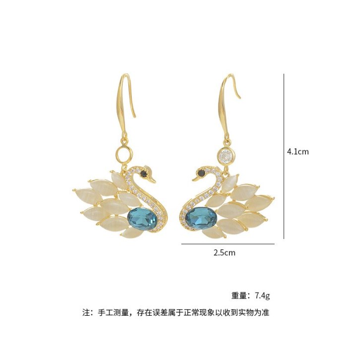 Korean Zircon Opal Little Swan Stud Earrings Female Special-Interest Design Sterling Silver Needle Light Luxury Earrings