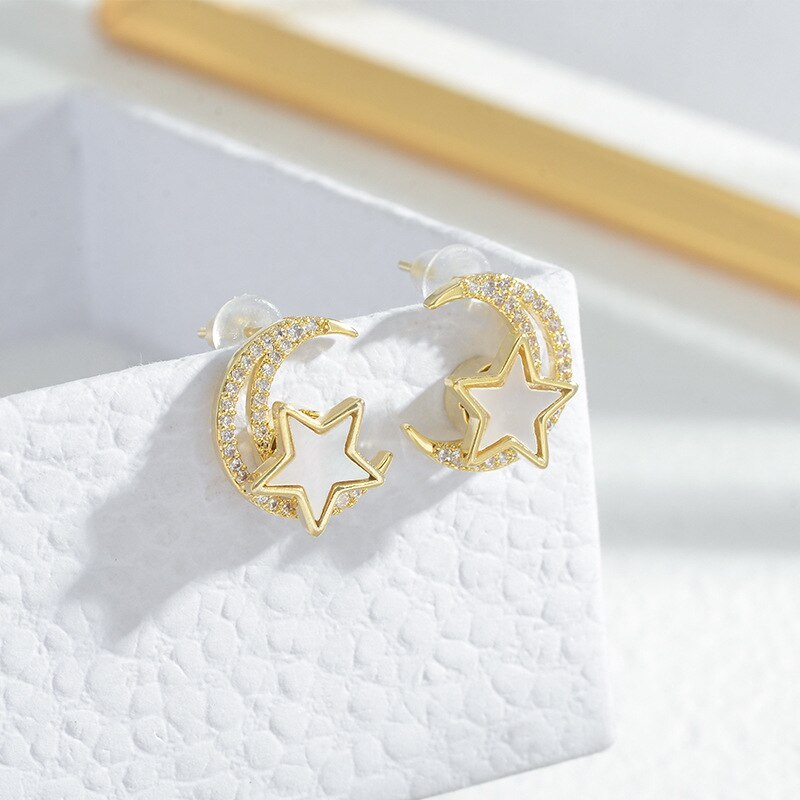 Sterling Silver Needle Slightly Inlaid Zircon Star and Moon Stud Earring Exquisite Light Luxury High-Grade Shell Earrings