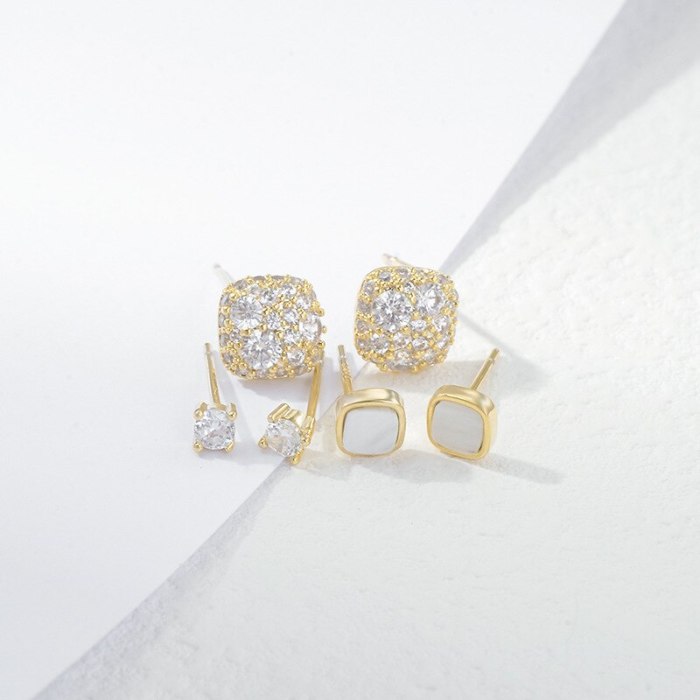 Korean Style Sterling Silver Needle Small Ear Studs One Card Three Pairs Set Combination Zircon Anti-Allergy Earrings