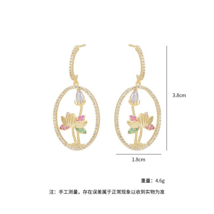 Sterling Silver Needle Petal Stud Earrings Women's Heavy Industry Lotus Earrings Micro-Inlaid Colorful Zircon Earrings