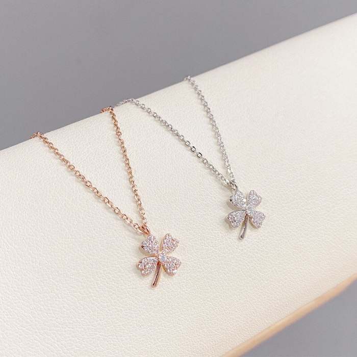 Korean Fashion Micro Inlaid Zircon Lucky Four-Leaf Clover Necklace Female Clavicle Chain Fashion Necklace Fashion