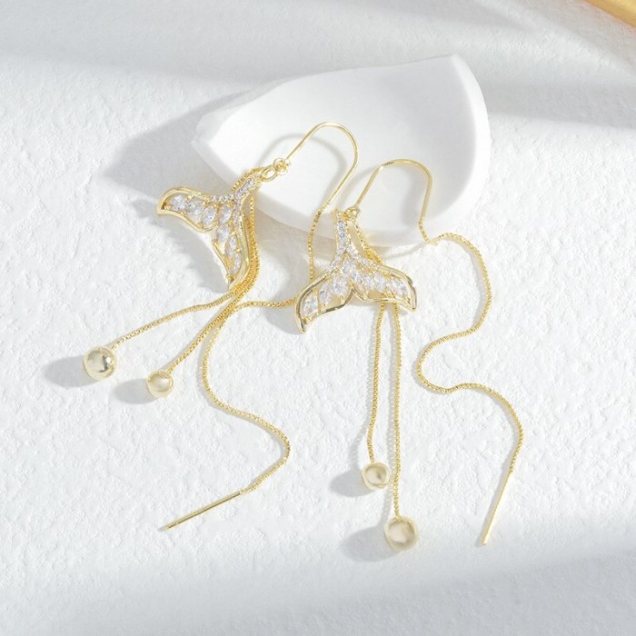 New Micro Inlaid Zircon Fishtail Earrings Female Sterling Silver Needle Super Fairy Tassel Earrings Korean Fashion Earrings