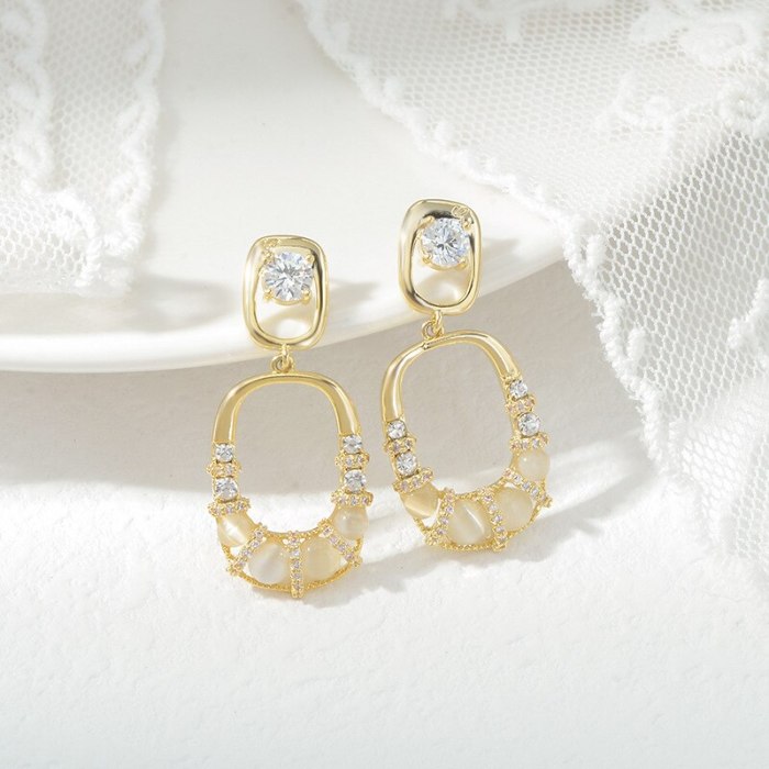 Sterling Silver Needle Fashion Personality Earrings Women's Korean Geometric Ear Studs Simple Opal Earring Ornament