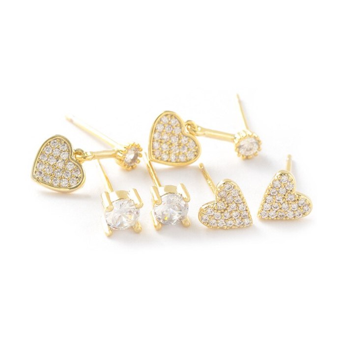Korean Sterling Silver Needle Small Ear Studs One Card Three Pairs Set Combination Zircon Anti-Allergy Earrings