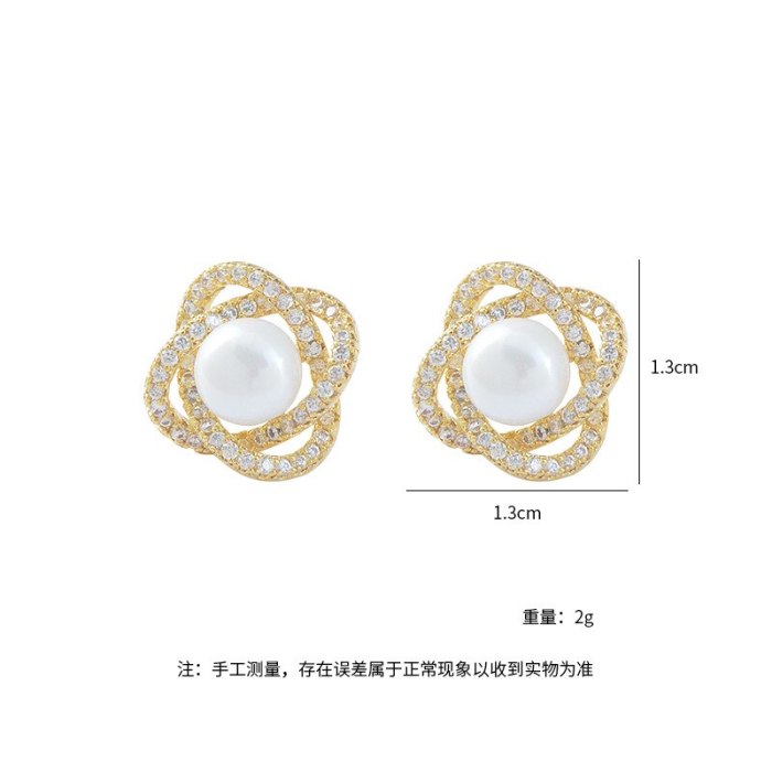 Sterling Silver Needle Micro Inlaid Zircon Petal Pearl Stud Earrings Female Korean Fashion Design Earrings