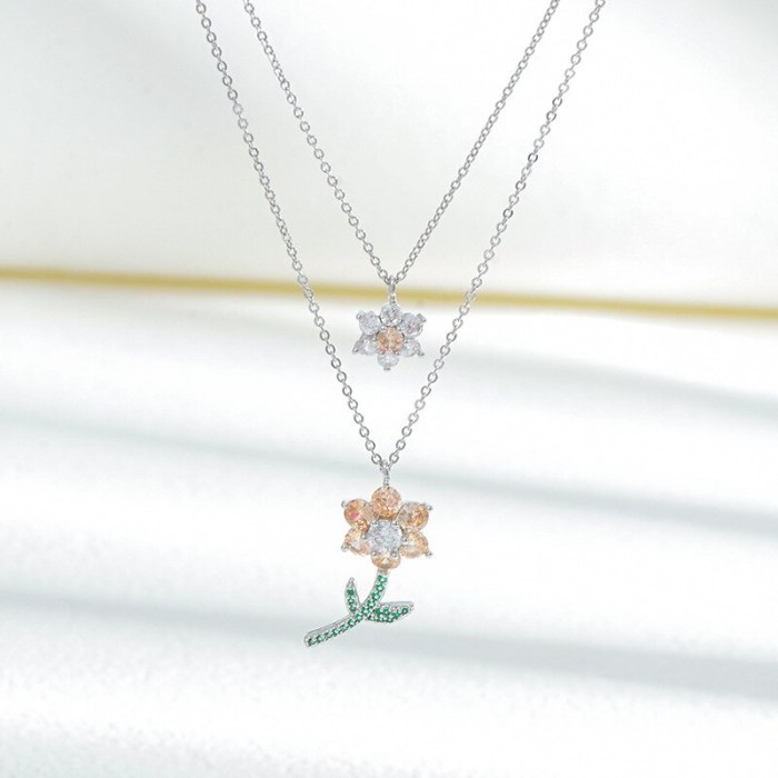 New Sunflower Double-Layer Clavicle Chain Female High-Grade Personality All-Match Jewelry Micro-Inlaid Color Zircon Necklace