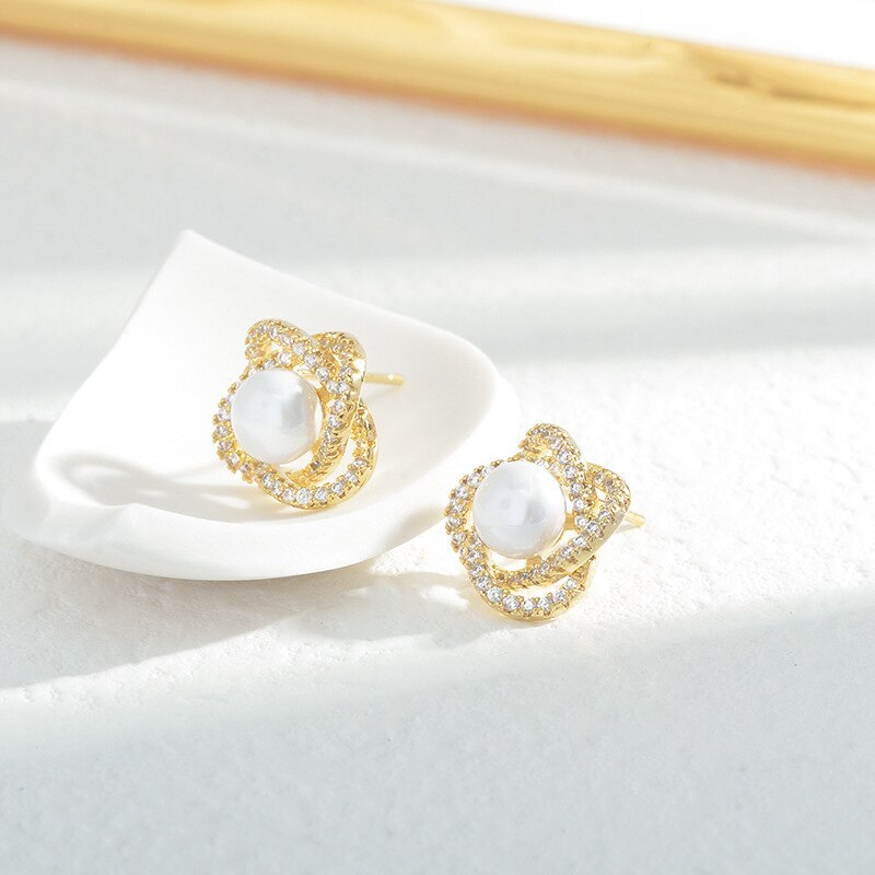 Sterling Silver Needle Micro Inlaid Zircon Petal Pearl Stud Earrings Female Korean Fashion Design Earrings