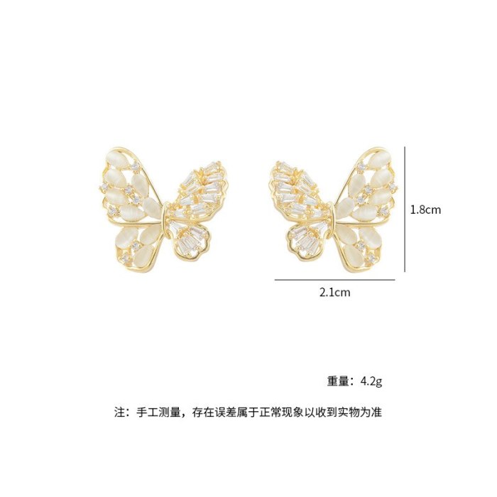 Sterling Silver Needle Hollow Zircon Butterfly Studs Exaggerated Exquisite Design Sense Earrings All-Match Earrings