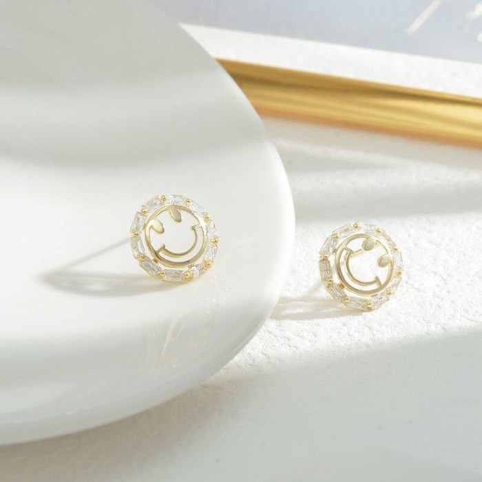 Korean Sterling Silver Needle Smiley Face Ear Studs Female Ins Hollow Jeweled Smile Exquisite Petite Earrings Earrings