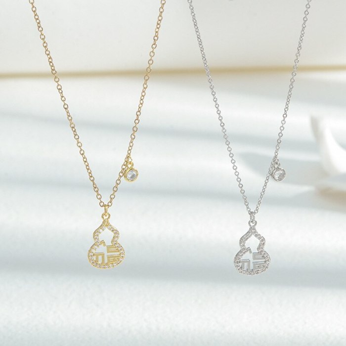 Fu Character Gourd Necklace Female Micro Inlaid Zircon Exquisite Light Luxury Clavicle Chain Fashionable All Match Jewelry