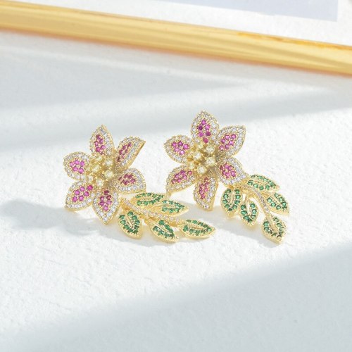 Micro-Inlaid Colorful Zircon Sterling Silver Needle Petal Stud Earrings Exquisite Light Luxury High-Grade Earrings