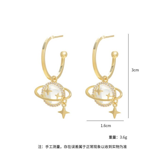 Korean Sterling Silver Needle Earrings Micro Inlaid Zircon Planet Starry Earrings Refined Wild Earrings Wholesale