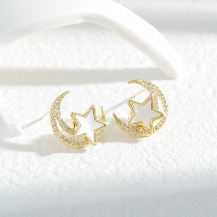 Sterling Silver Needle Slightly Inlaid Zircon Star and Moon Stud Earring Exquisite Light Luxury High-Grade Shell Earrings