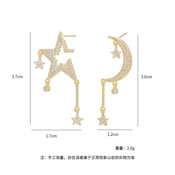 Korean Asymmetric Five-Pointed Star Moon Studs Silver Needle Sterling Silver Needle Earrings Fashionable All-Match Eardrops