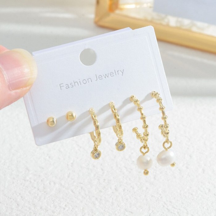 Copper Plated Real Gold One Card Three Pairs Set Stud Earrings Female Sterling Silver Needle Pearl Earrings Wholesale