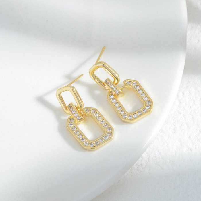 Korean Fashion Micro Inlaid Zircon Geometric Ear Studs Women's Exquisite Light Luxury High-Grade Earrings Sterling