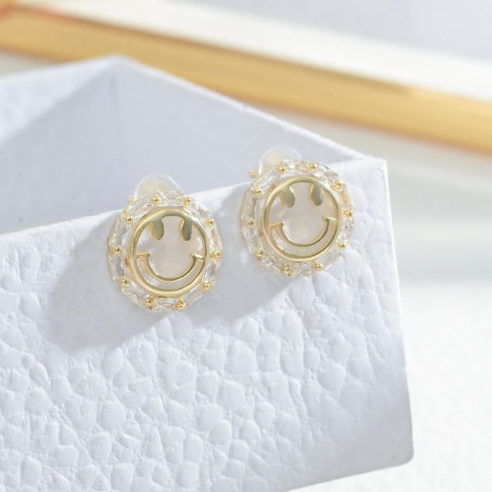 Korean Sterling Silver Needle Smiley Face Ear Studs Female Ins Hollow Jeweled Smile Exquisite Petite Earrings Earrings