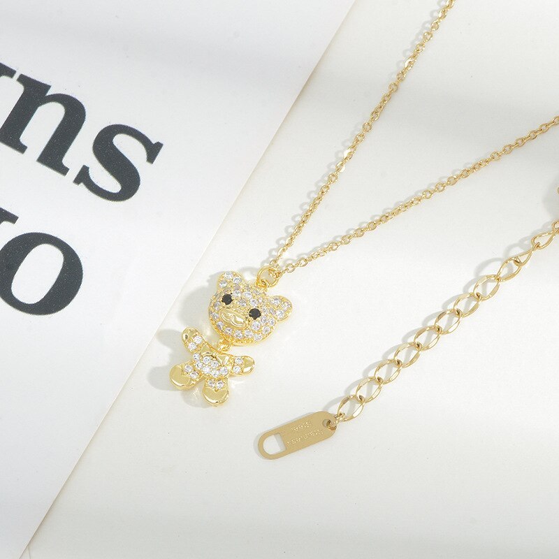 Korean Style Micro Inlaid Zircon Full Diamond Bear Necklace Female Ins Trendy Design Simple Fashion Girl Clavicle Chain