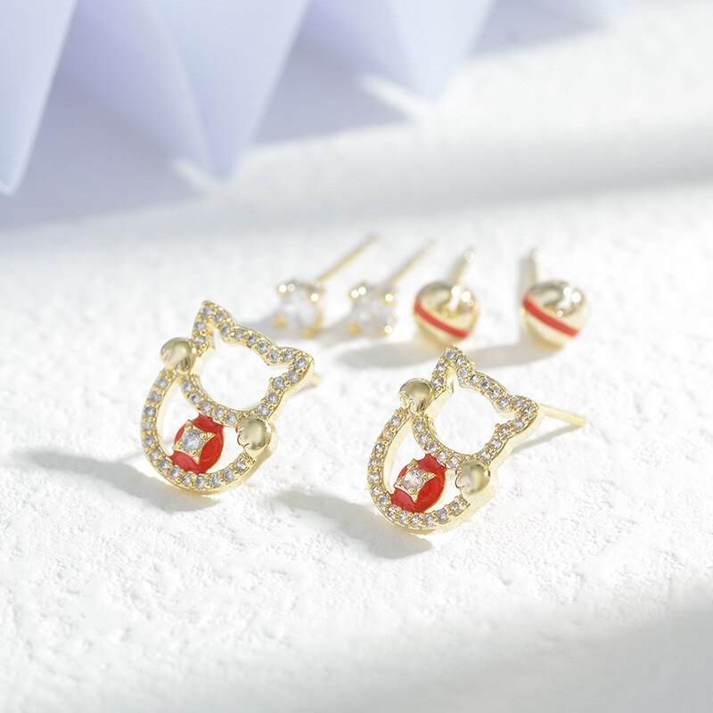 Sterling Silver Needle Three Piece Set Combination Ear Studs One Card Three Pairs Lucky Cat Student Mini and Simple Earrings