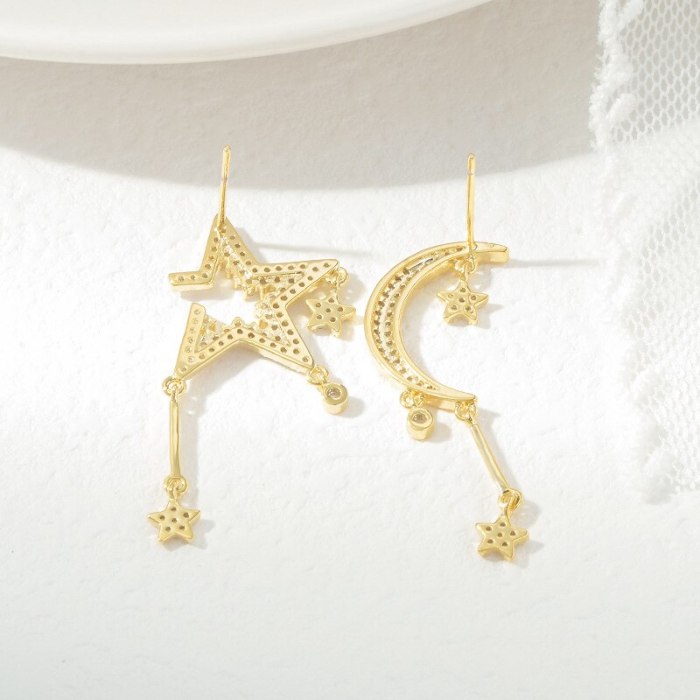 Korean Asymmetric Five-Pointed Star Moon Studs Silver Needle Sterling Silver Needle Earrings Fashionable All-Match Eardrops