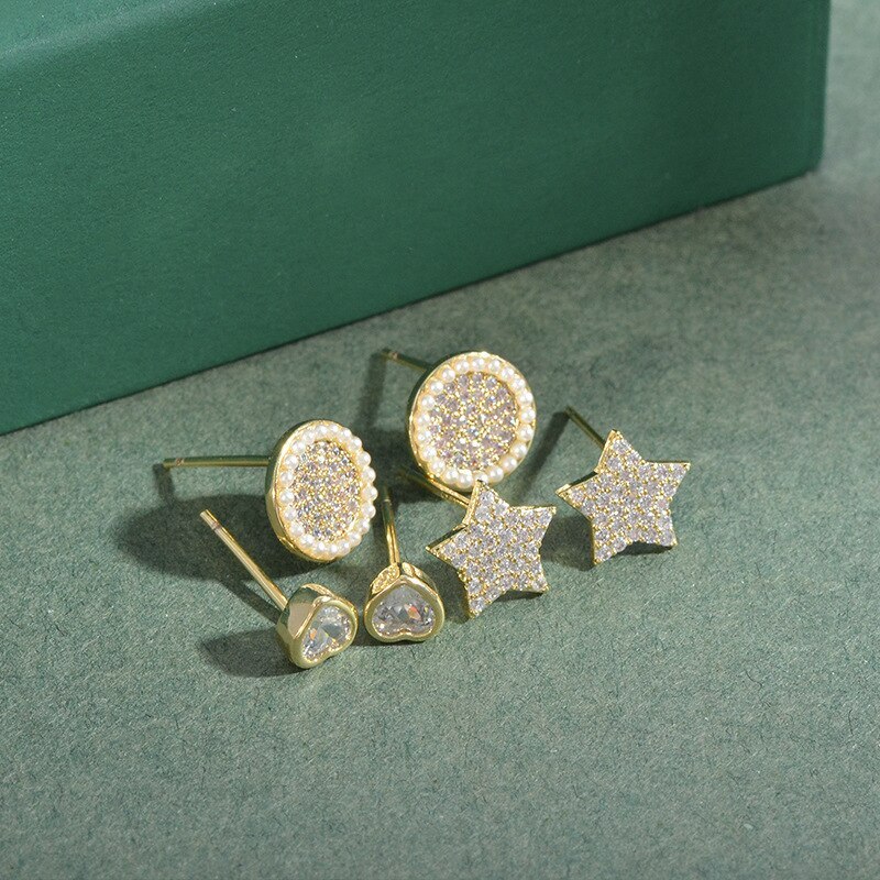 Sterling Silver Needle One Card Three Pairs of Earrings Female Micro Inlaid Zircon Days Pearl Five-Pointed Star Earrings