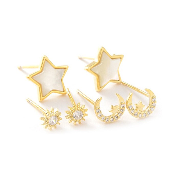 Sterling Silver Needle Fashion Girl Three Piece Set Combination Ear Studs One Card Three Pairs Five-Pointed Star Ear Studs
