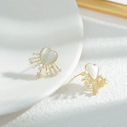 Sweet Girl Cute Opal Love Heart Earrings Korean Fashion Super Fairy All-Match Earrings Sterling Silver Needle Stud Earrings