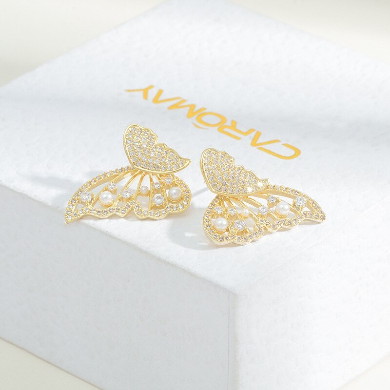 925 Silver Stud Earrings Women's Simple Single-Wing Butterfly Earrings Hollow Shiny Wings Ear Bone Stud Earring Ornament
