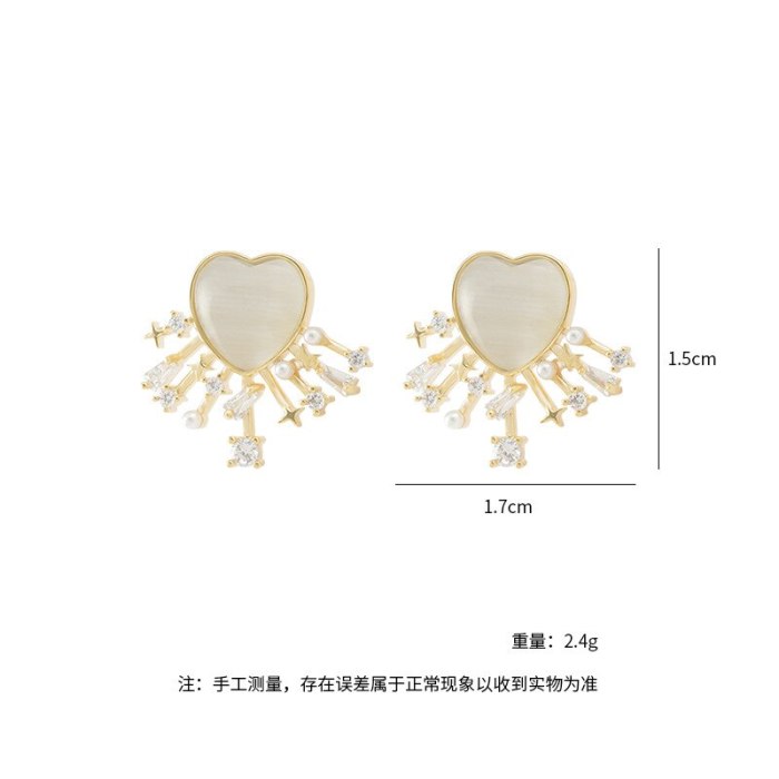 Sweet Girl Cute Opal Love Heart Earrings Korean Fashion Super Fairy All-Match Earrings Sterling Silver Needle Stud Earrings