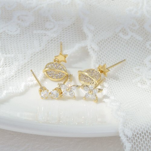 Korean Sterling Silver Needle Small Ear Studs One Card Three Pairs Set Combination Zircon Anti-Allergy Earrings