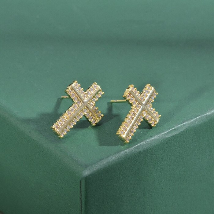 Sterling Silver Needle Three-Piece Set One Card Three Pairs of Stud Earrings Female Micro Inlaid Zircon Cross Earrings