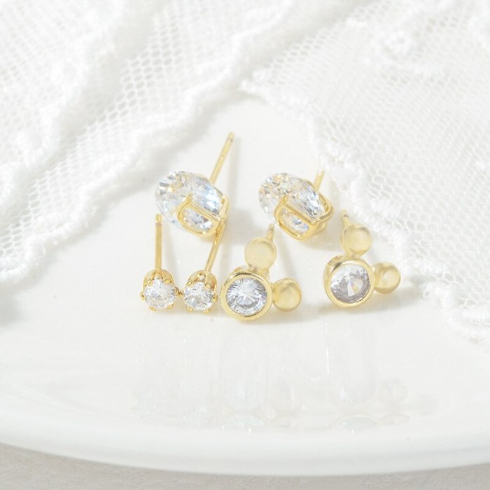 Fashion Sterling Silver Needle Small Ear Studs One Card Three Pairs Set Combination Zircon Anti-Allergy Earrings